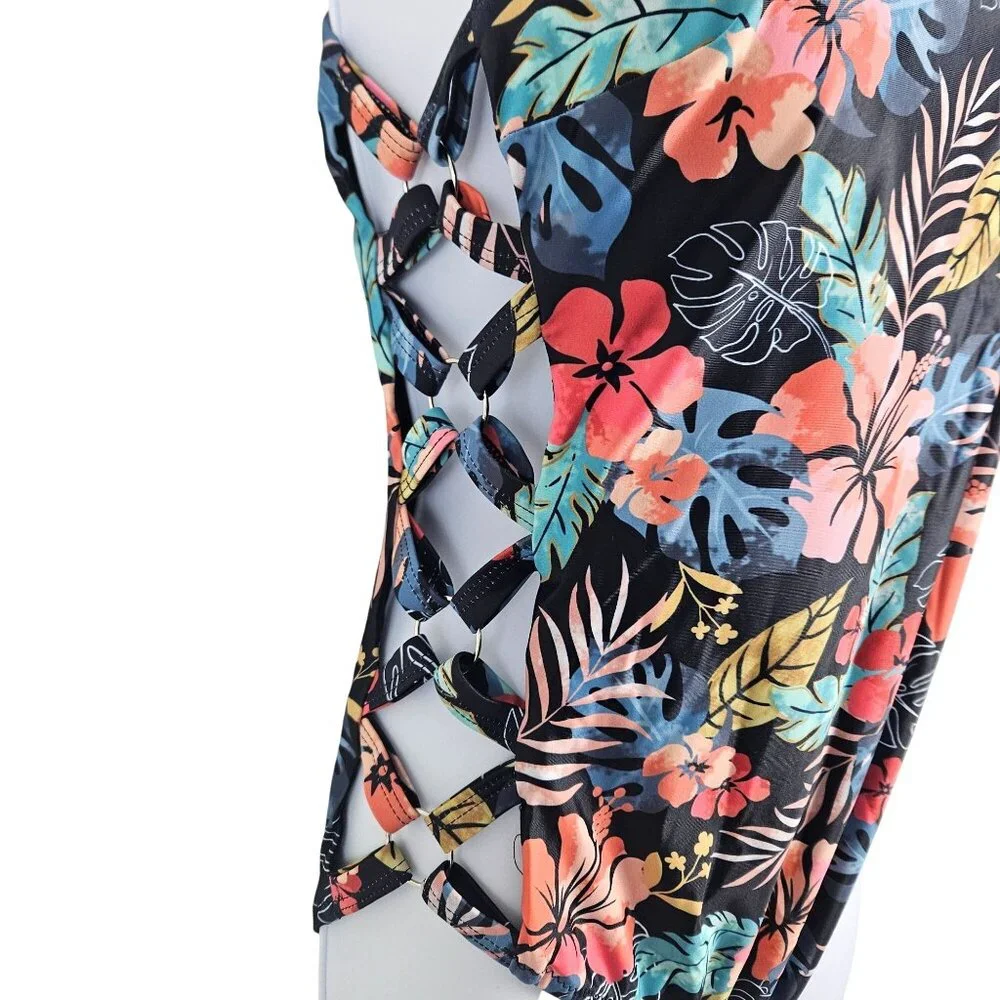 Tempt Me Womens Large Tropical Floral One-Piece Swimsuit Crisscross Sides Beach